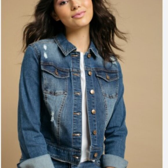 Distressed denim Jean Jacket women in med Wash Blue size medium WAX JEAN - Picture 1 of 16